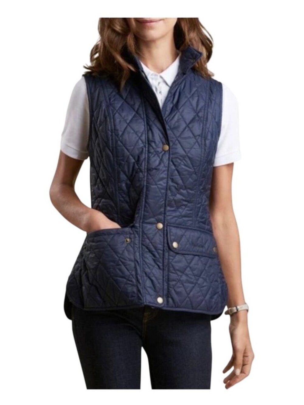 Barbour Otterburn Gilet Vest Jacket Womens 6 Blue Quilted Diamond Snap Front Zip